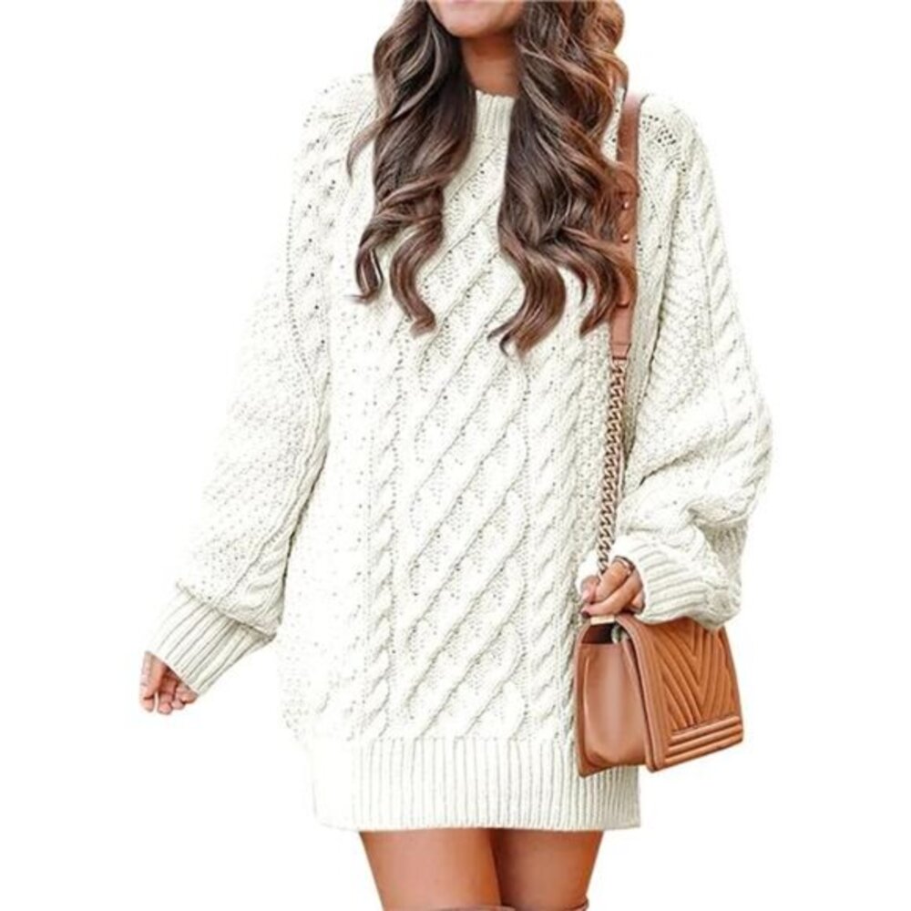 Women White Long Sleeve Oversized Cable Knit Chunky Baggy Loose Pullover Tunic